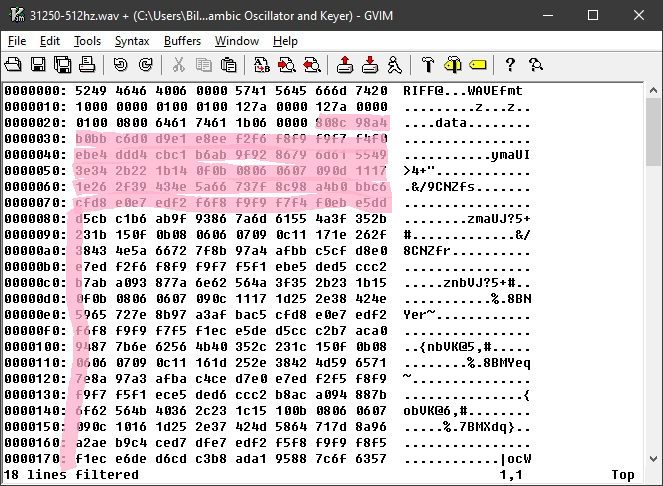 Data portion of wave file highlited.